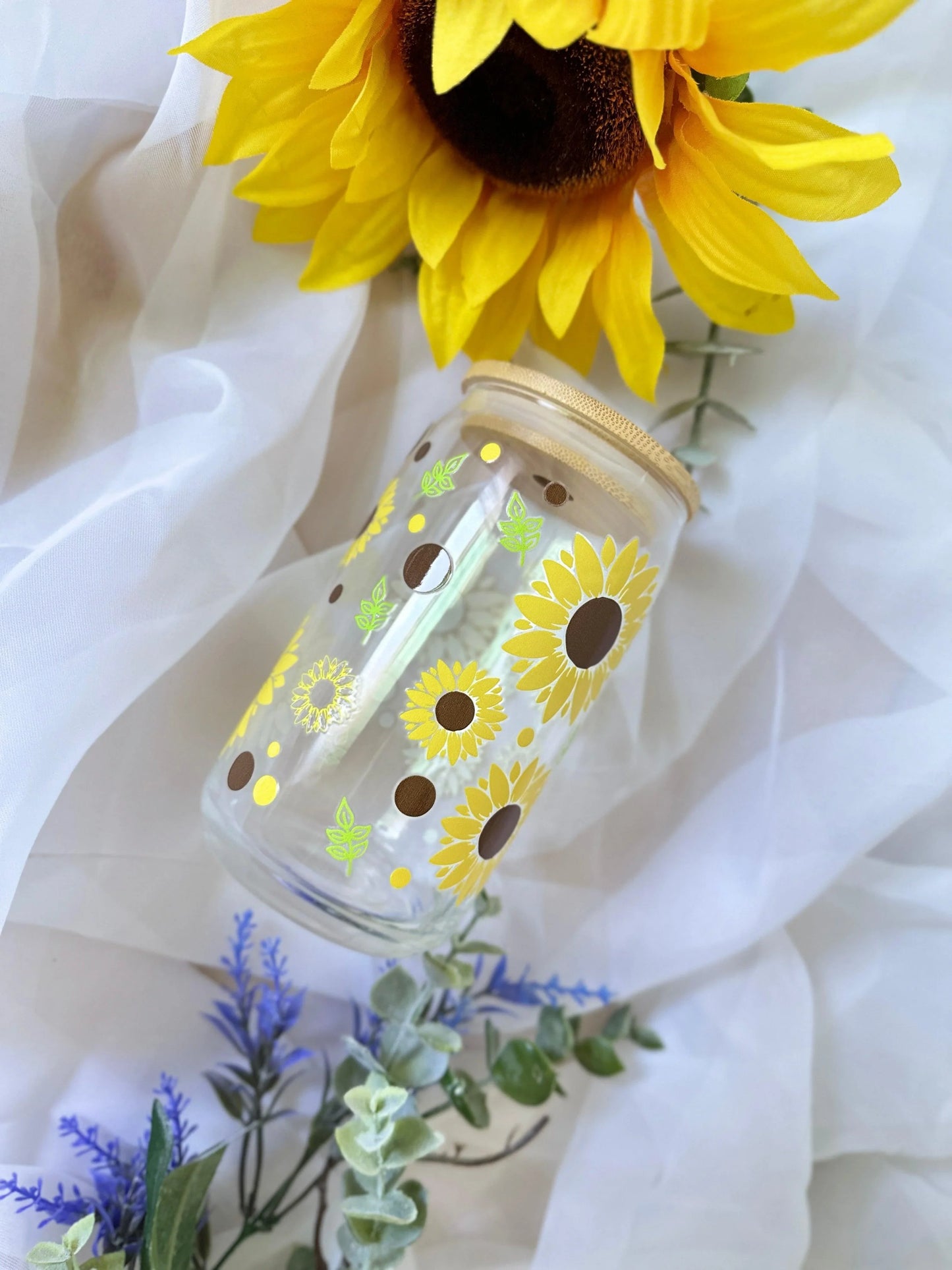 WHIMSICAL GLASS BEER CAN TUMBLER | UV DTF DESIGN | 16OZ BEER CAN CUP | GLASS TUMBLER | BAMBOO LID - Wildflower Enchanted