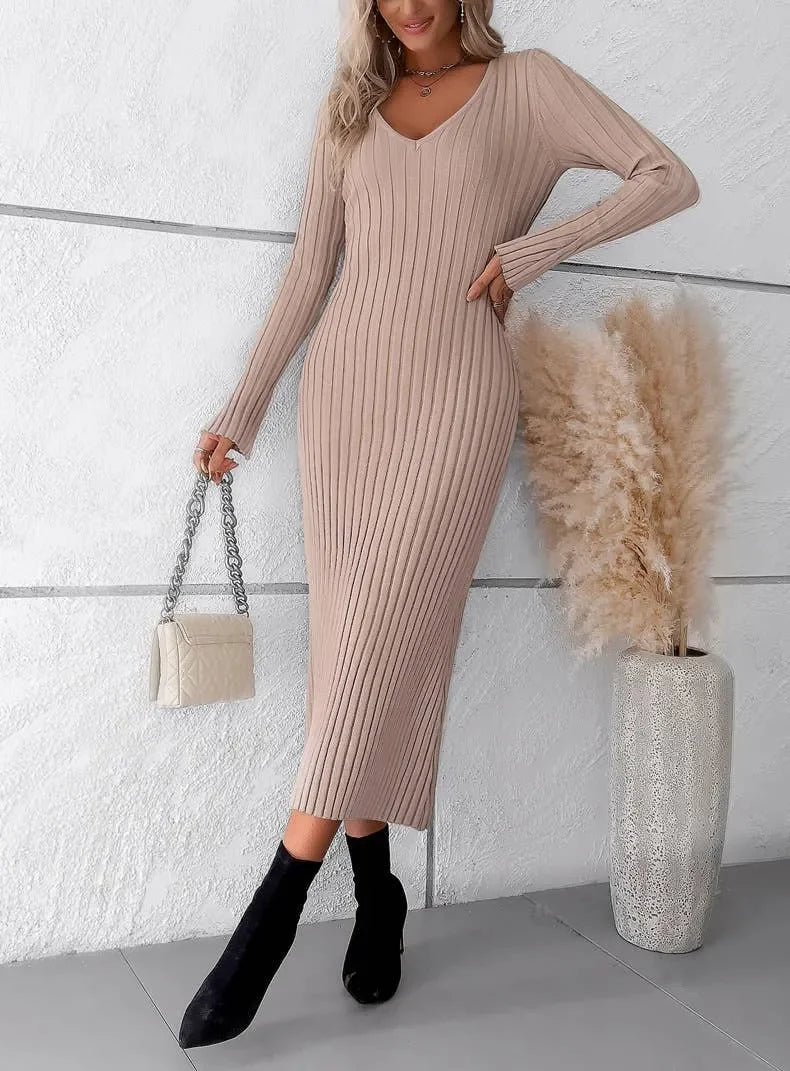 V-NECK LONG-SLEEVED | SWEATER DRESS | SOLID COLOR - Wildflower Enchanted