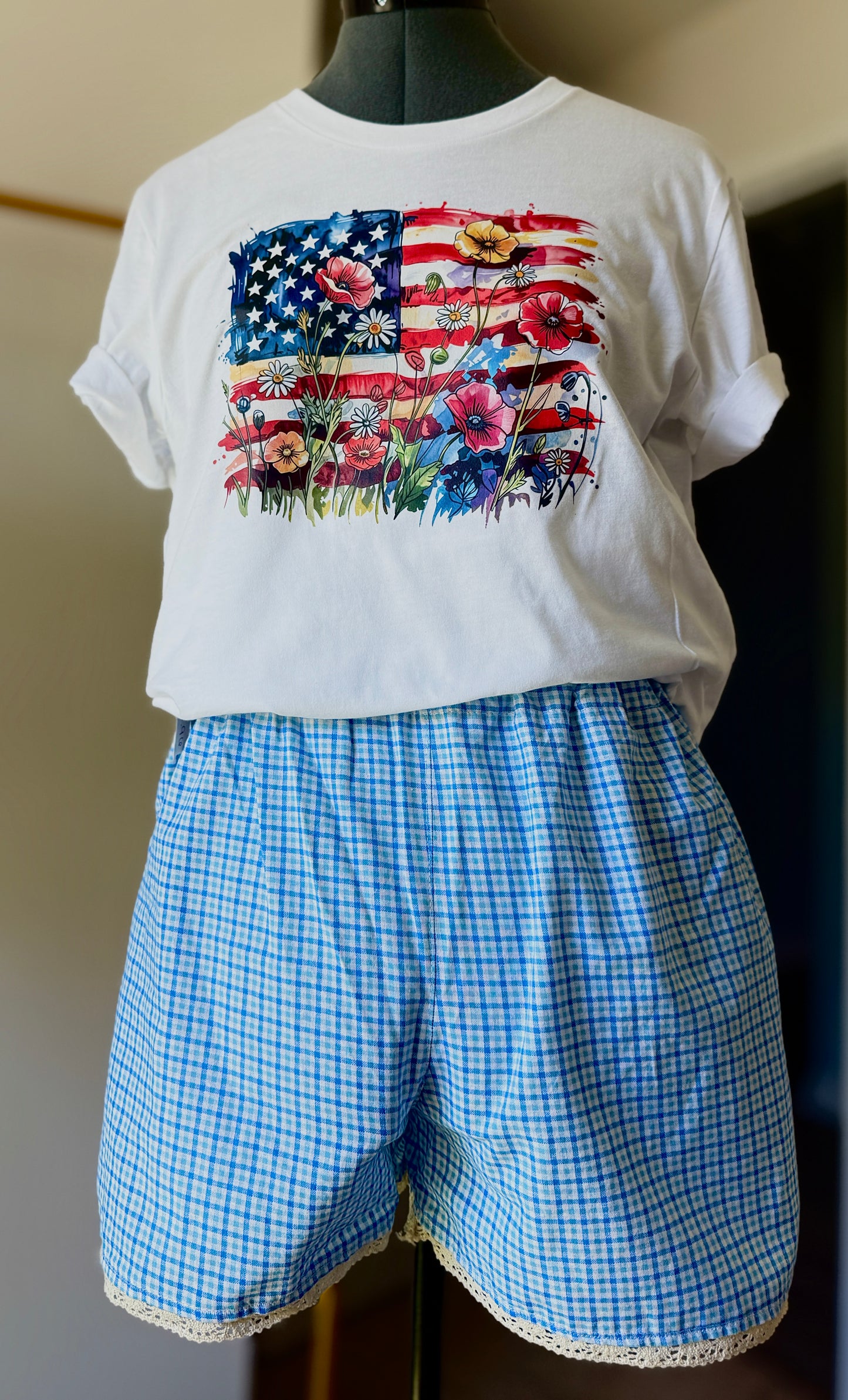 Wildflower Patriot Set | Graphic Tee Set | Woman's Relaxed Set | Gingham Print Shorts