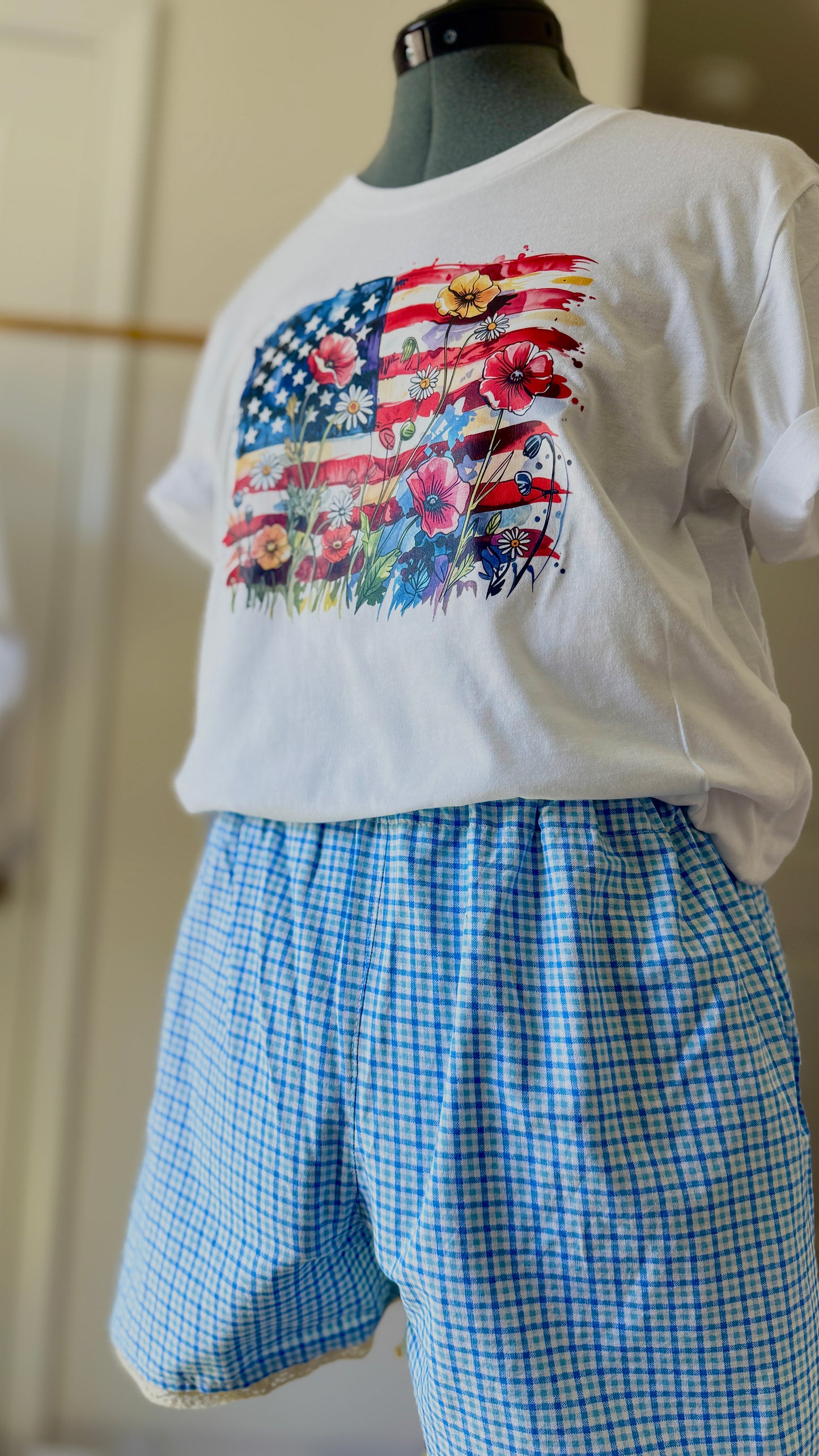 Wildflower Patriot Set | Graphic Tee Set | Woman's Relaxed Set | Gingham Print Shorts