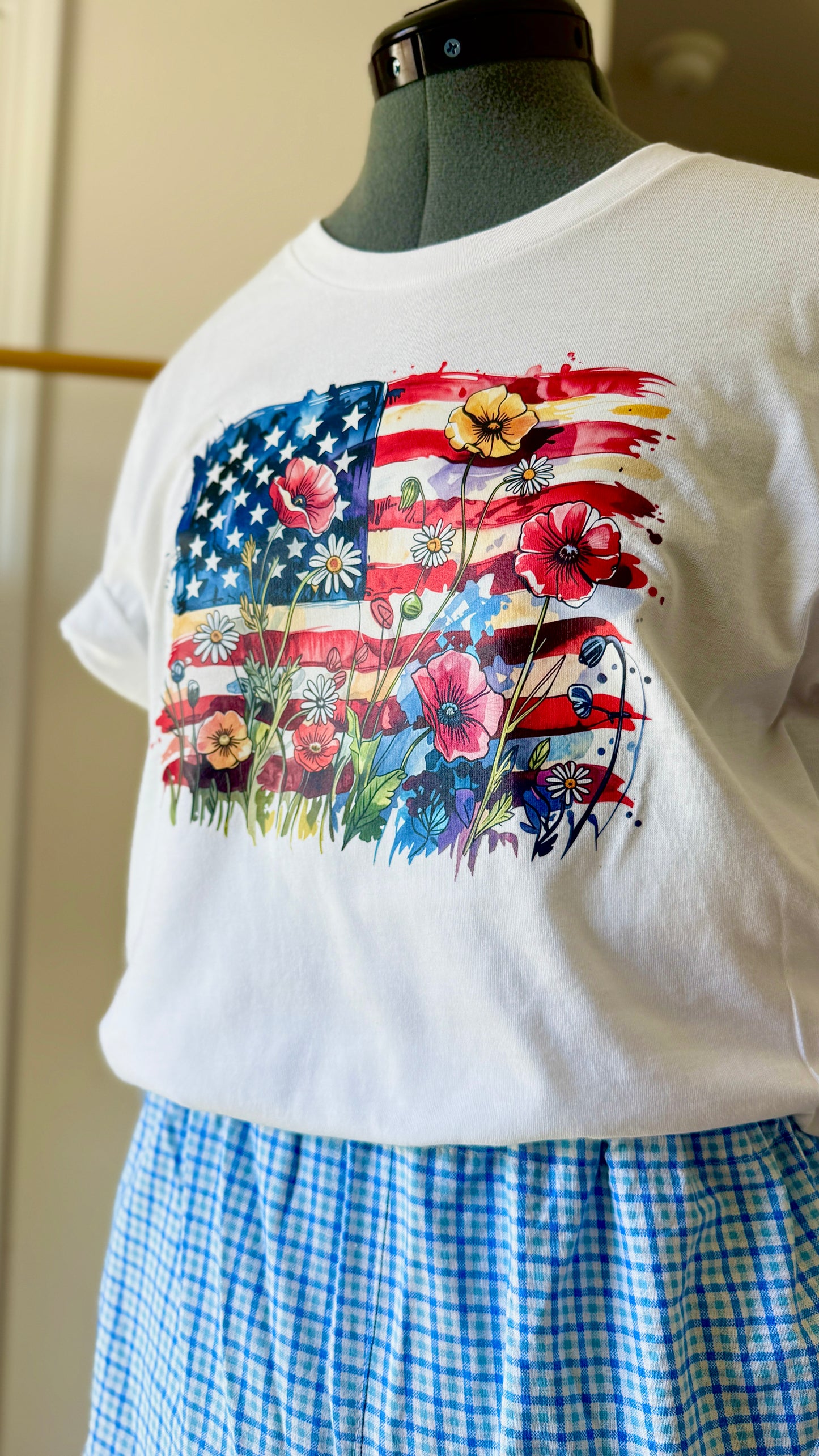 Wildflower Patriot Set | Graphic Tee Set | Woman's Relaxed Set | Gingham Print Shorts