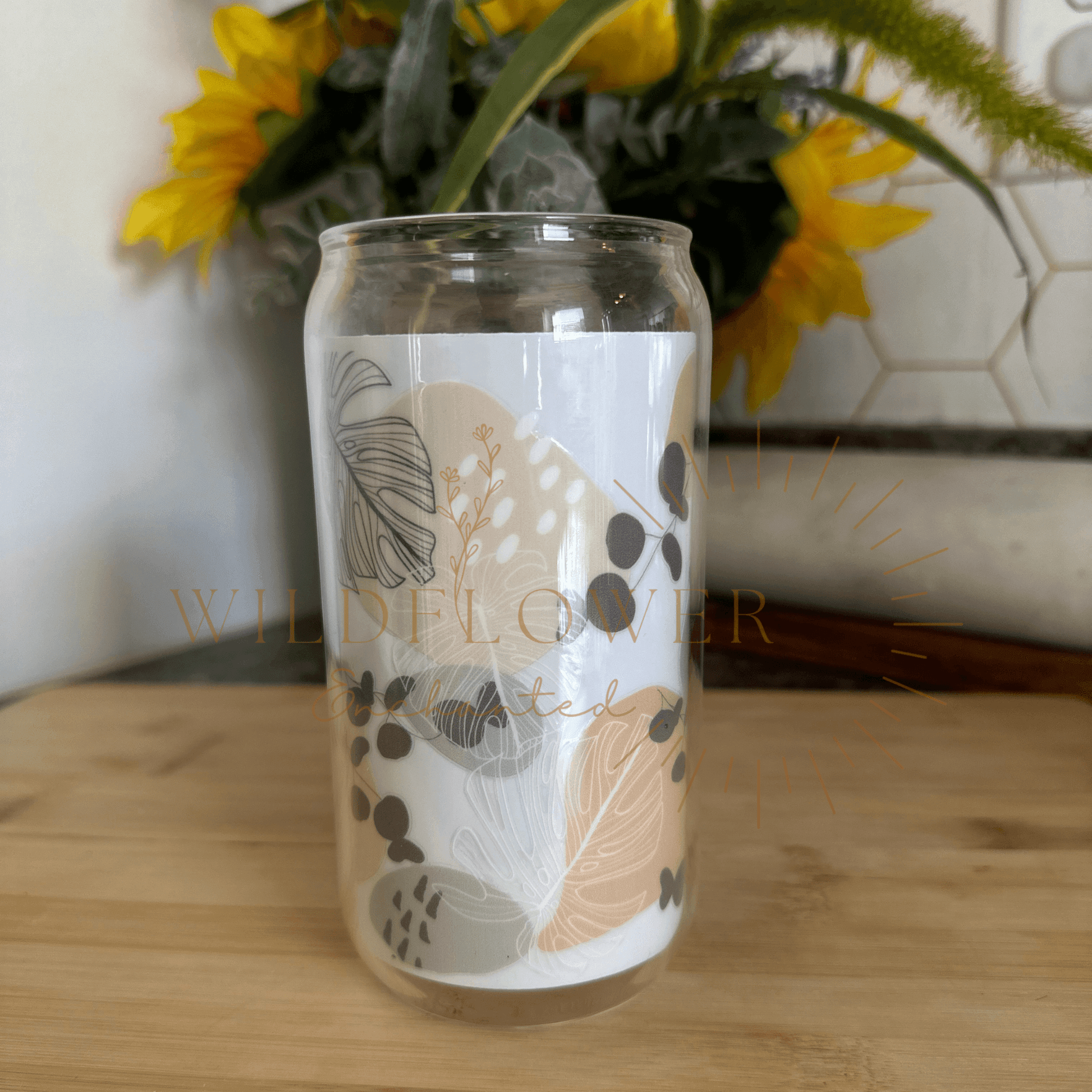 WHIMSICAL GLASS BEER CAN TUMBLER | UV DTF DESIGN | 16OZ BEER CAN CUP | GLASS TUMBLER | BAMBOO LID - Wildflower Enchanted