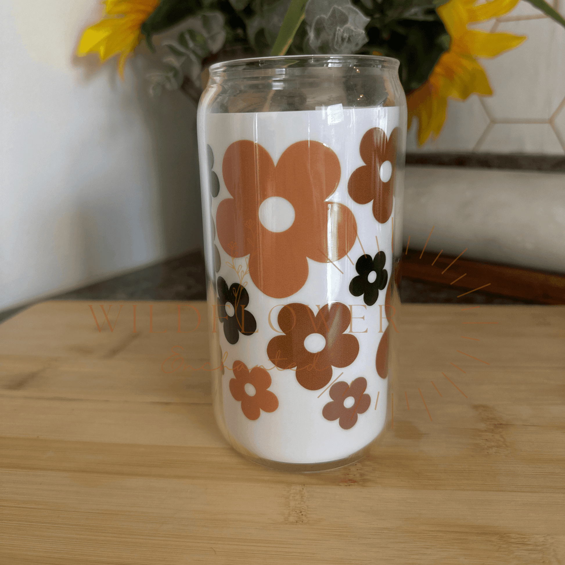 Boho Glass Beer Can Tumbler | UV DTF Design | 16OZ | Glass | Bamboo Lid - Wildflower Enchanted