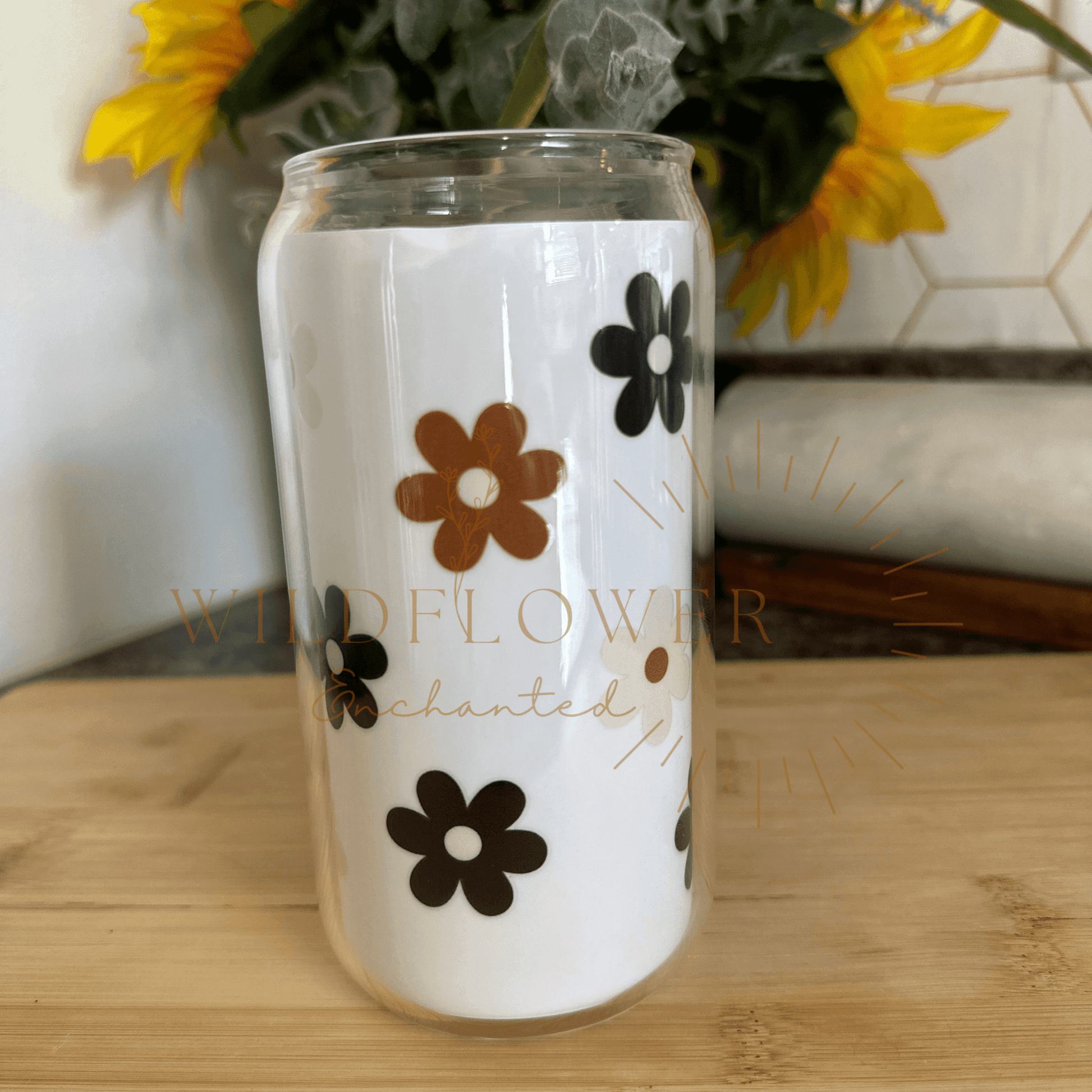 Boho Glass Beer Can Tumbler | UV DTF Design | 16OZ | Glass | Bamboo Lid - Wildflower Enchanted