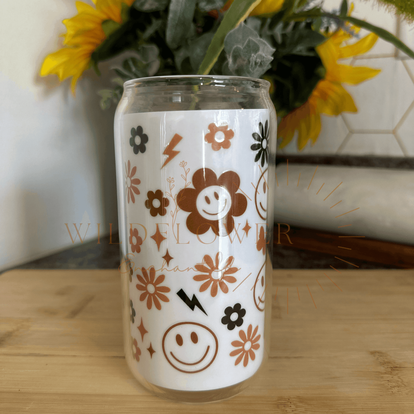 Boho Glass Beer Can Tumbler | UV DTF Design | 16OZ | Glass | Bamboo Lid - Wildflower Enchanted