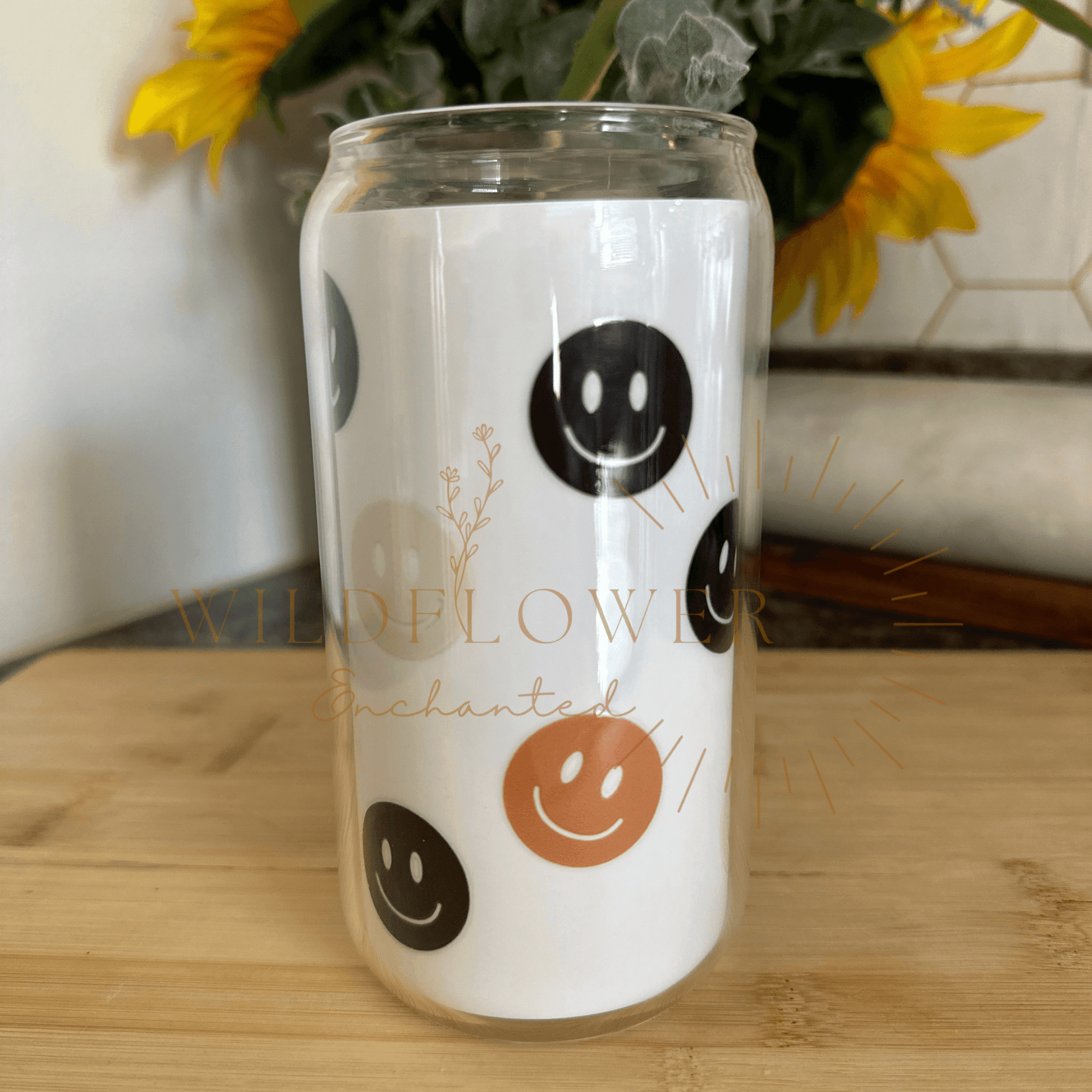 Boho Glass Beer Can Tumbler | UV DTF Design | 16OZ | Glass | Bamboo Lid - Wildflower Enchanted