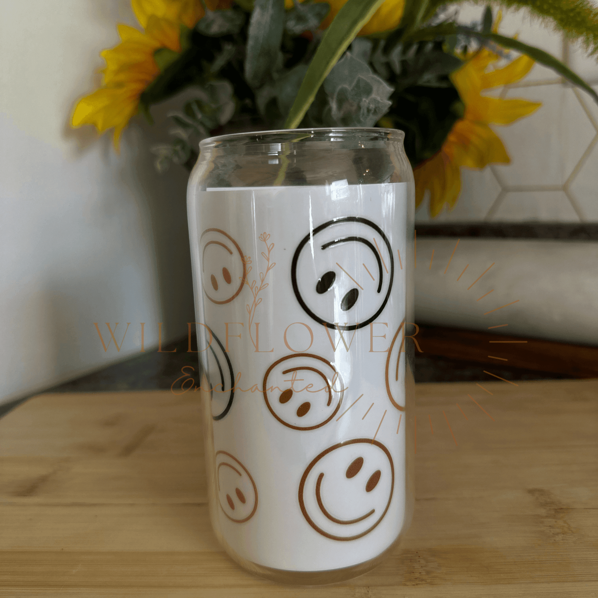 Boho Glass Beer Can Tumbler | UV DTF Design | 16OZ | Glass | Bamboo Lid - Wildflower Enchanted