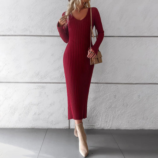 V-NECK LONG-SLEEVED | SWEATER DRESS | SOLID COLOR - Wildflower Enchanted