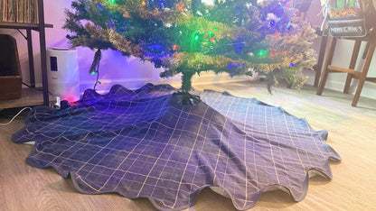 Custom Tree Skirt | White Cotton Fabric | Faux Glitter Specks | Navy Blue Velvet Ribbon Edges