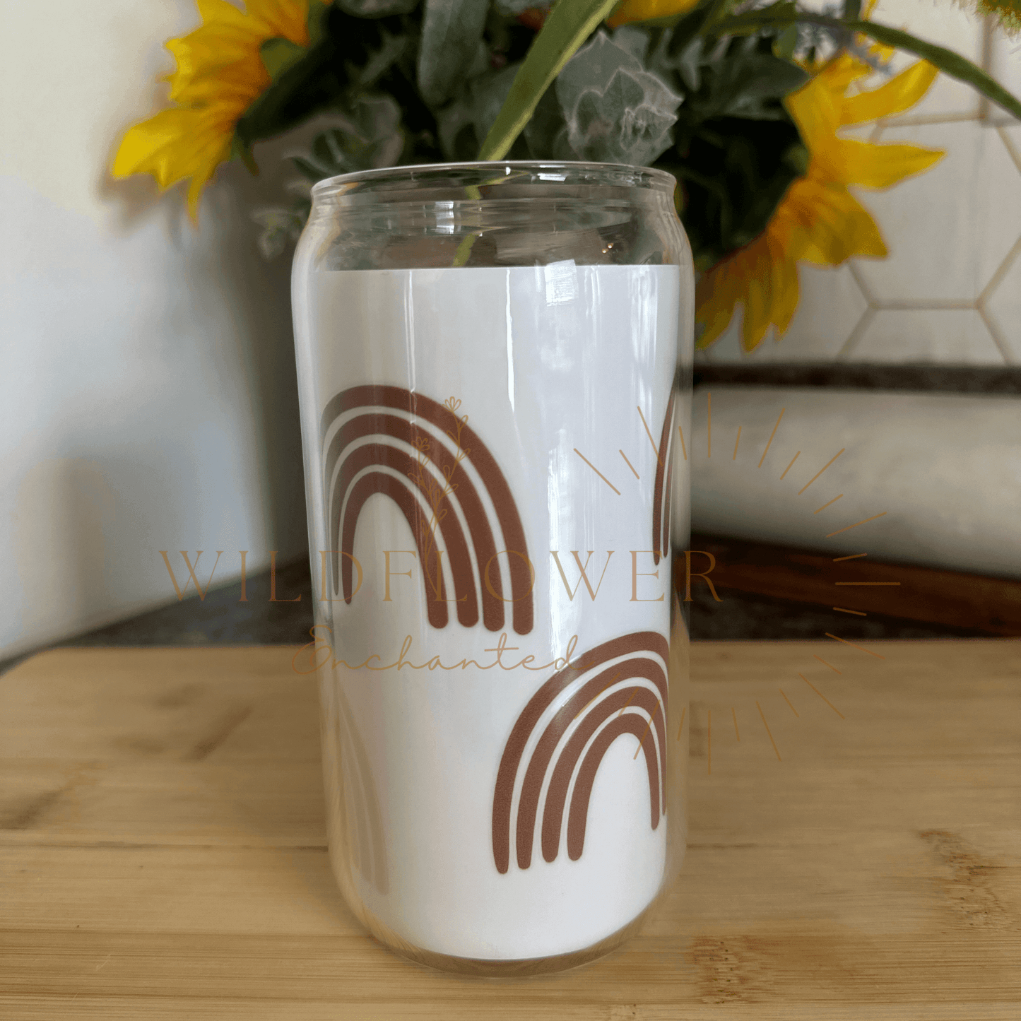 Boho Glass Beer Can Tumbler | UV DTF Design | 16OZ | Glass | Bamboo Lid - Wildflower Enchanted