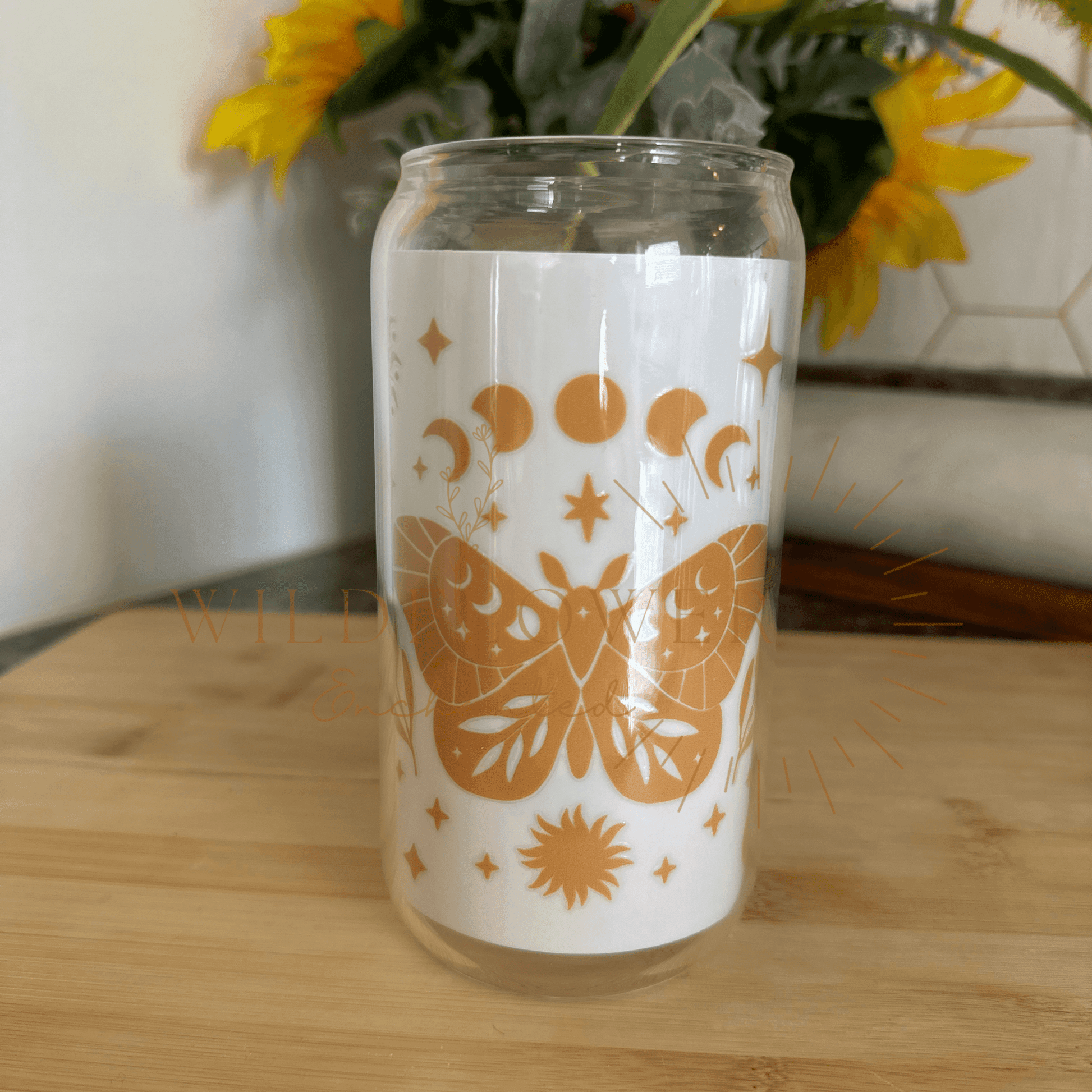 WHIMSICAL GLASS BEER CAN TUMBLER | UV DTF DESIGN | 16OZ BEER CAN CUP | GLASS TUMBLER | BAMBOO LID - Wildflower Enchanted