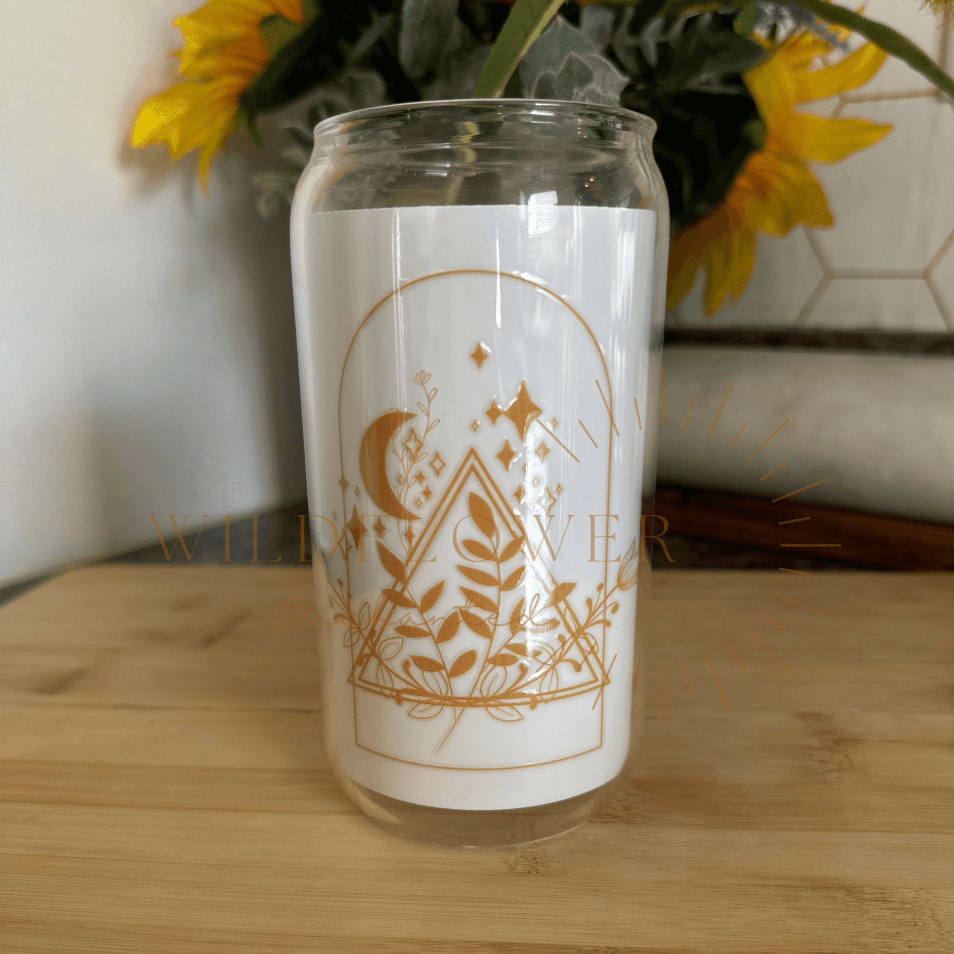 WHIMSICAL GLASS BEER CAN TUMBLER | UV DTF DESIGN | 16OZ BEER CAN CUP | GLASS TUMBLER | BAMBOO LID - Wildflower Enchanted