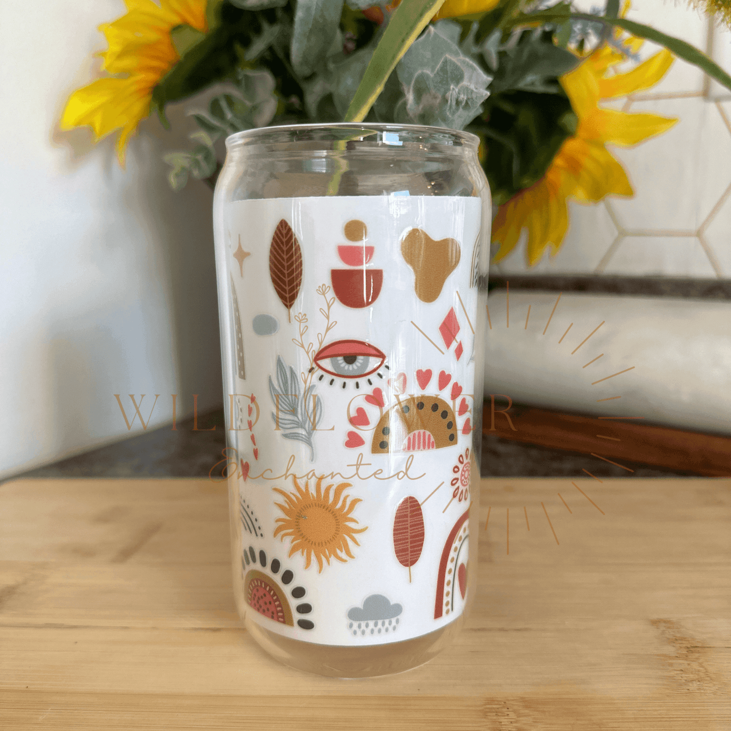 WHIMSICAL GLASS BEER CAN TUMBLER | UV DTF DESIGN | 16OZ BEER CAN CUP | GLASS TUMBLER | BAMBOO LID - Wildflower Enchanted