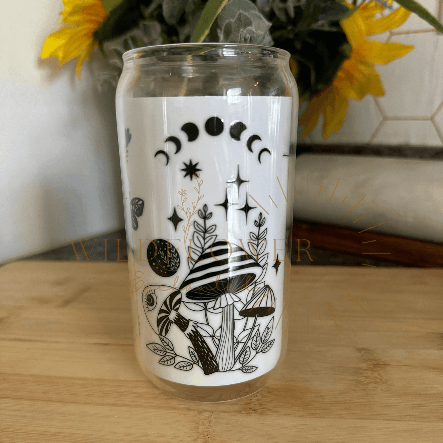 WHIMSICAL GLASS BEER CAN TUMBLER | UV DTF DESIGN | 16OZ BEER CAN CUP | GLASS TUMBLER | BAMBOO LID - Wildflower Enchanted