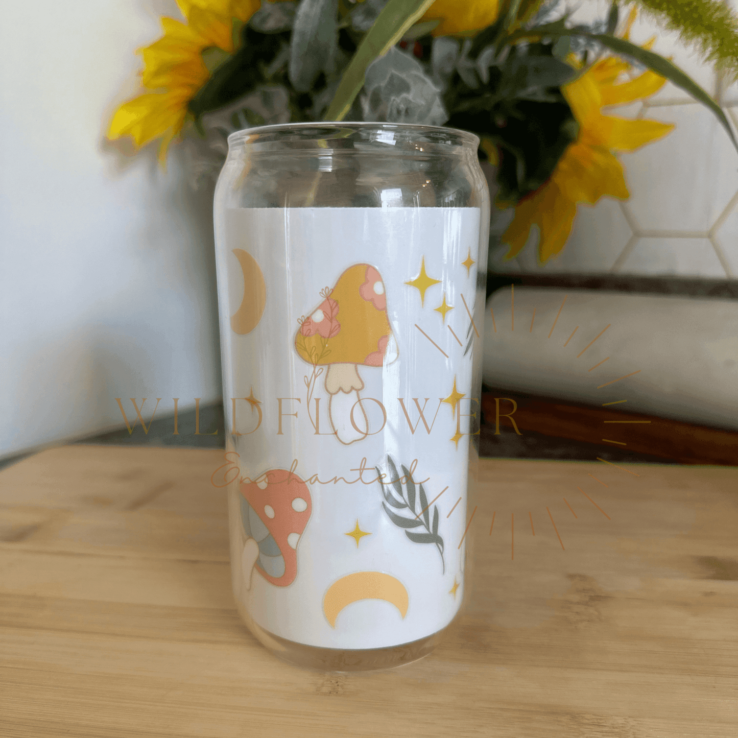 WHIMSICAL GLASS BEER CAN TUMBLER | UV DTF DESIGN | 16OZ BEER CAN CUP | GLASS TUMBLER | BAMBOO LID - Wildflower Enchanted