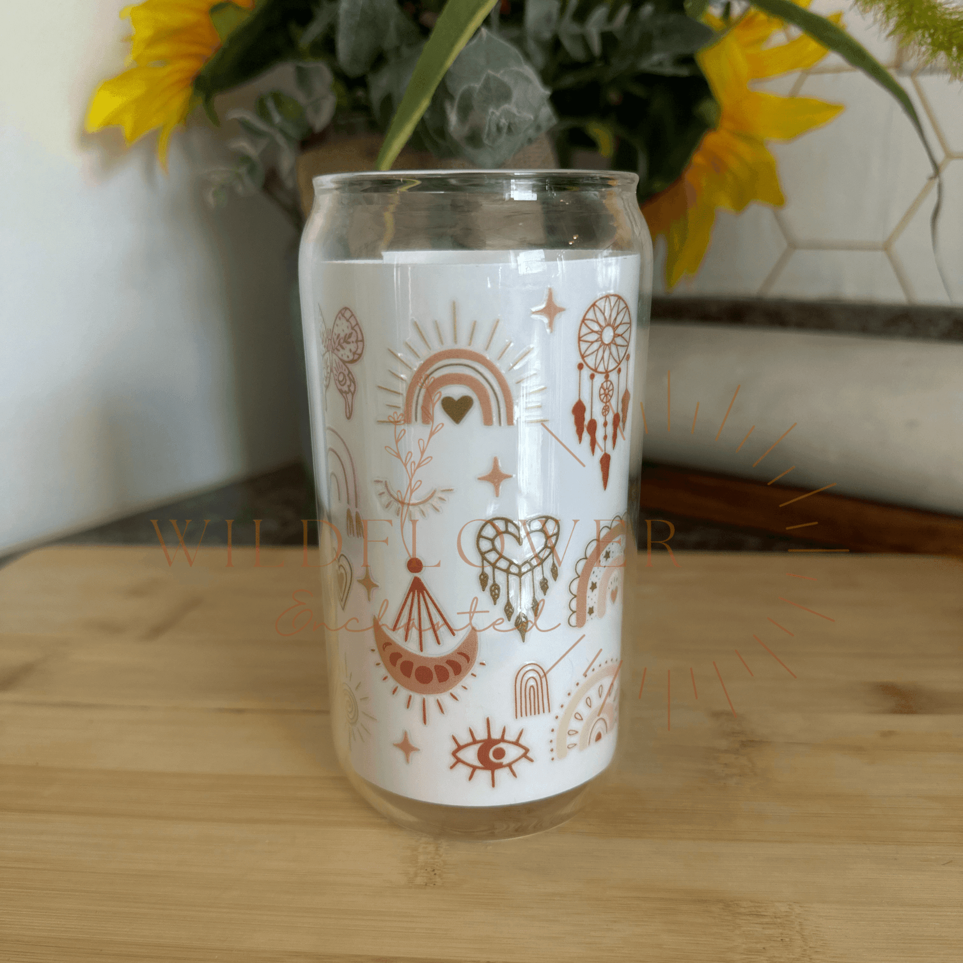 WHIMSICAL GLASS BEER CAN TUMBLER | UV DTF DESIGN | 16OZ BEER CAN CUP | GLASS TUMBLER | BAMBOO LID - Wildflower Enchanted