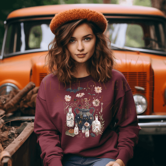 Floral Cauldron Halloween Crewneck | Sweater | Fall | DTF Print - Wildflower Enchanted