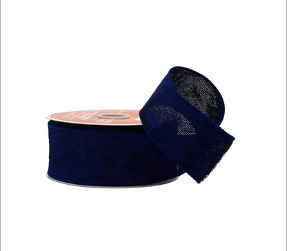 Custom Tree Skirt | White Cotton Fabric | Faux Glitter Specks | Navy Blue Velvet Ribbon Edges