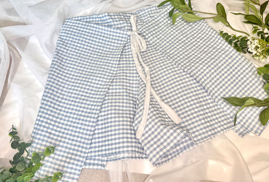 Floral Wrap Shorts Light Blue Gingham | Wrap Shorts | Bow Tie Closure