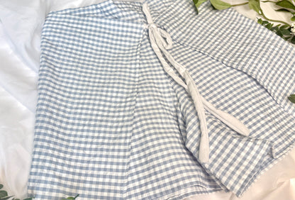 Floral Wrap Shorts Light Blue Gingham | Wrap Shorts | Bow Tie Closure