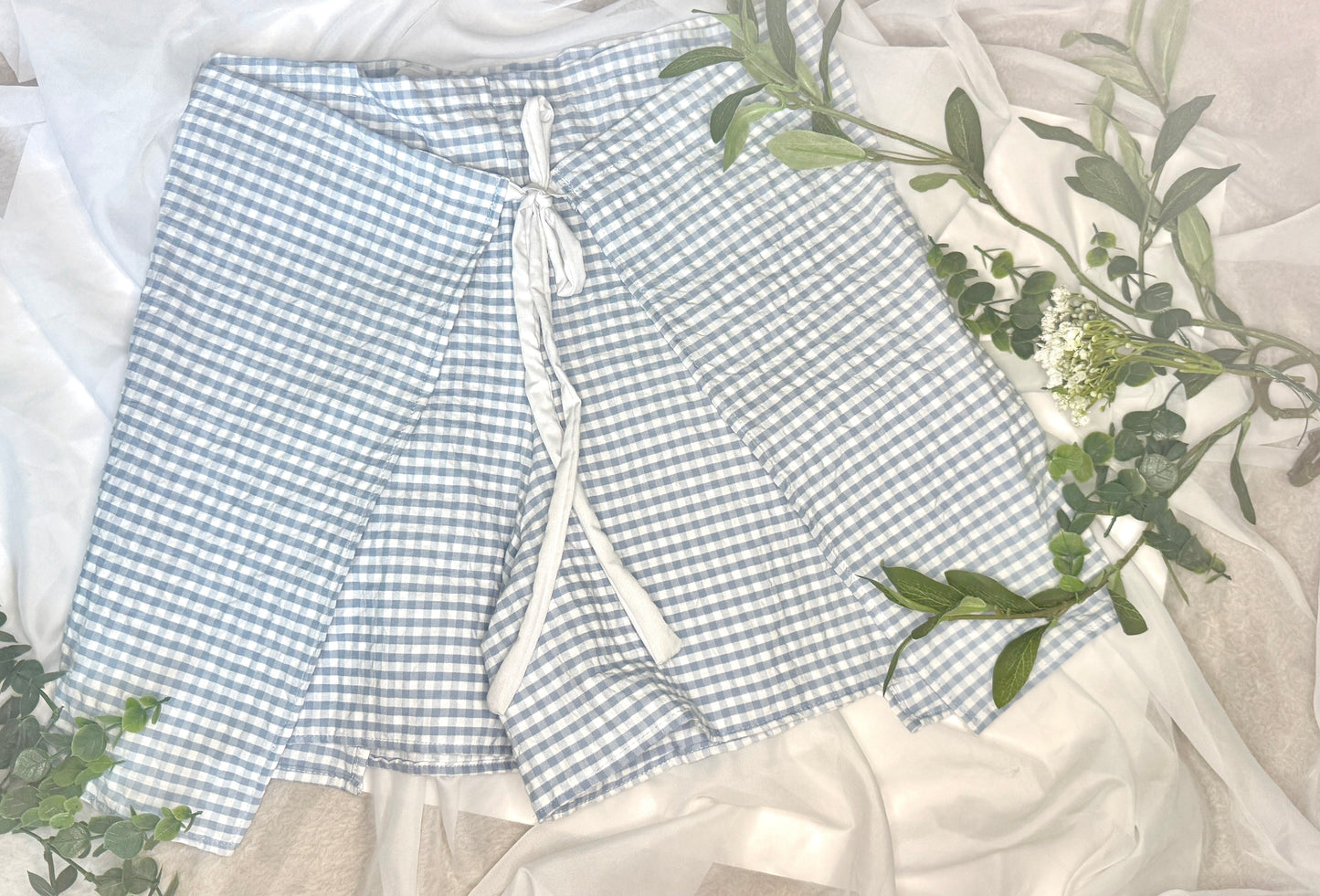 Floral Wrap Shorts Light Blue Gingham | Wrap Shorts | Bow Tie Closure