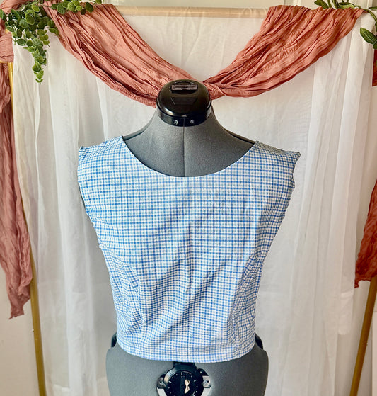 Lea Blouse Multi Blue Gingham | Backless Blouse | Backless Bow Blouse