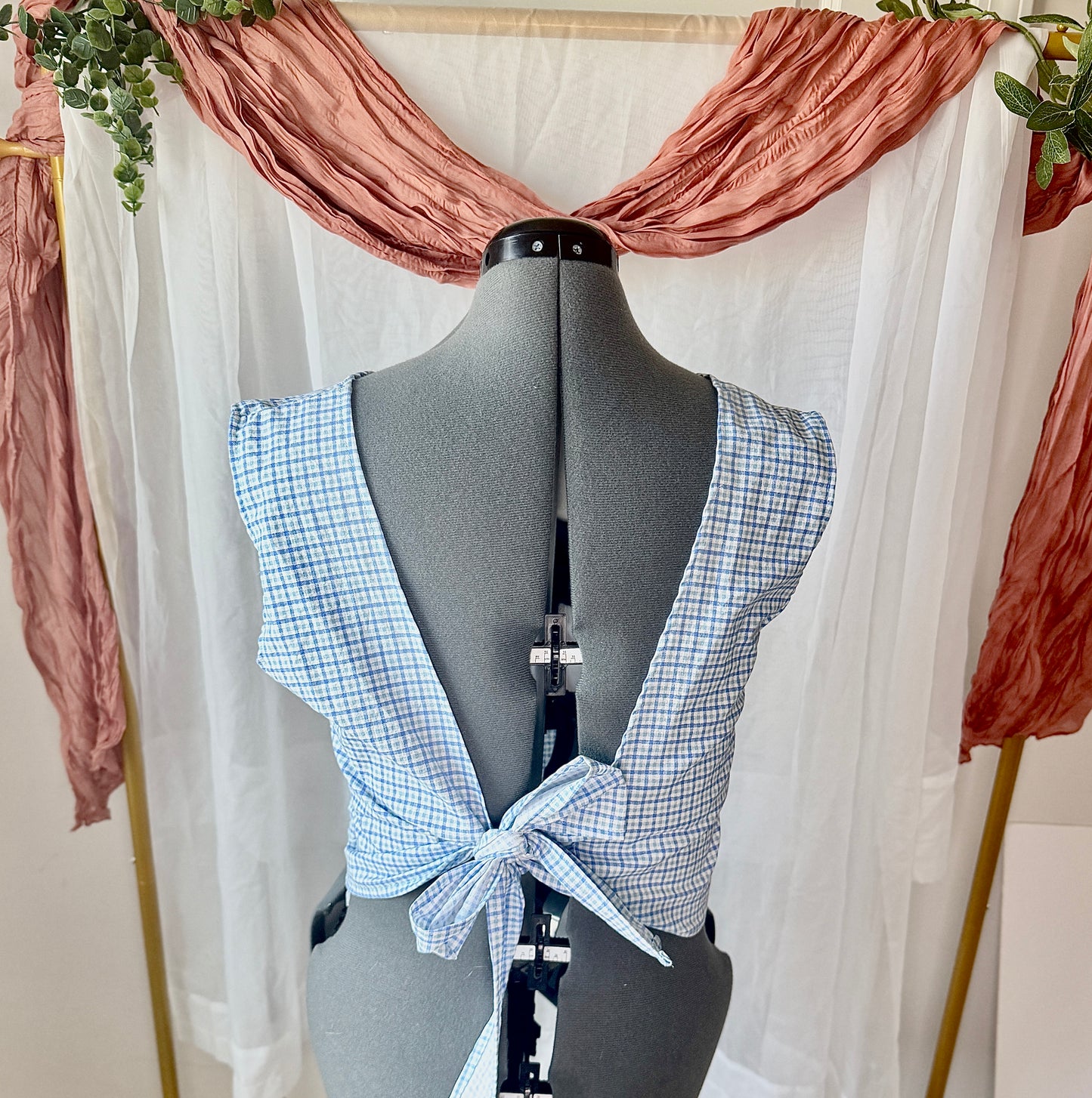 Lea Blouse Multi Blue Gingham | Backless Blouse | Backless Bow Blouse