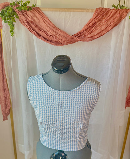 Lea Blouse Light Blue Gingham | Backless Blouse | Backless Bow Blouse