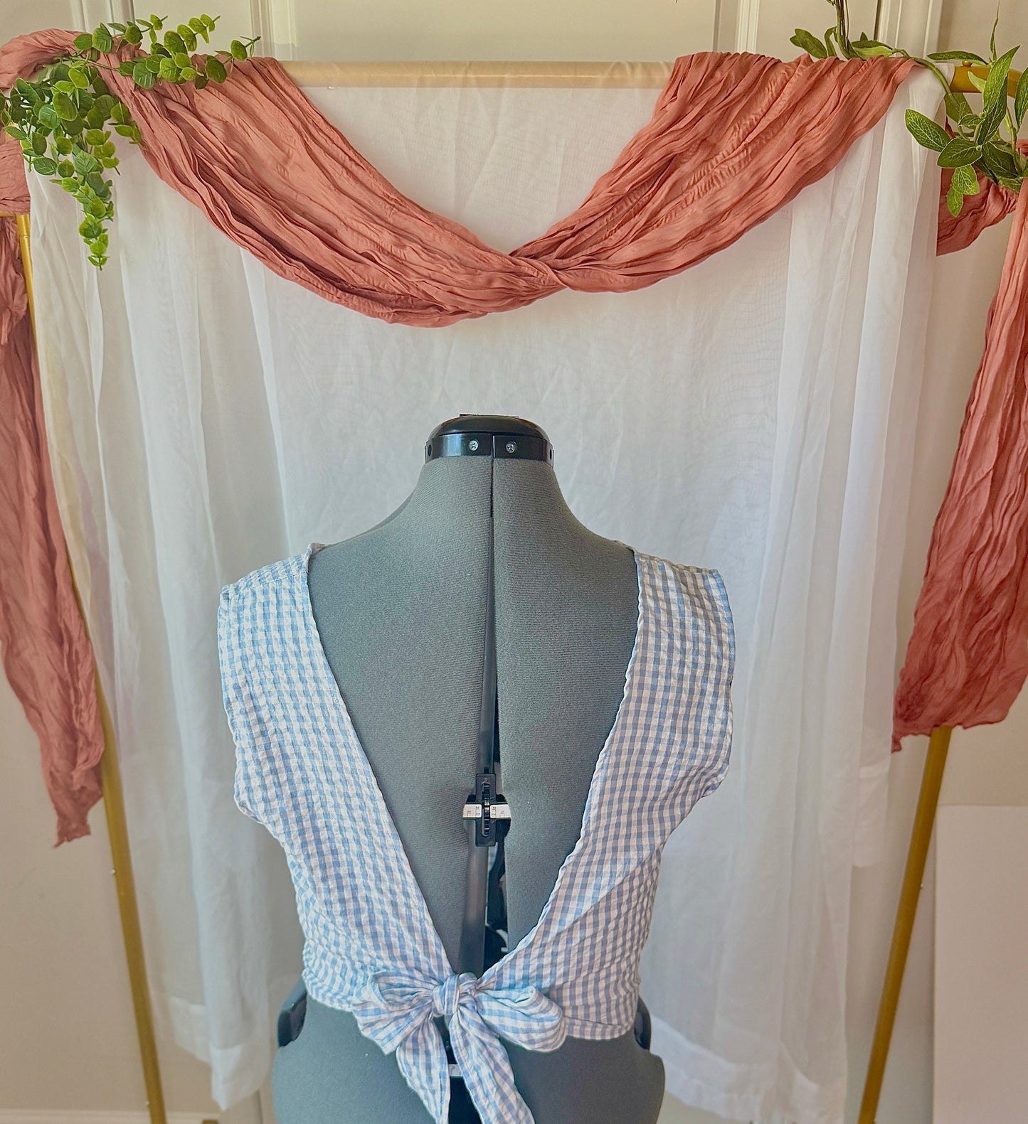 Lea Blouse Light Blue Gingham | Backless Blouse | Backless Bow Blouse