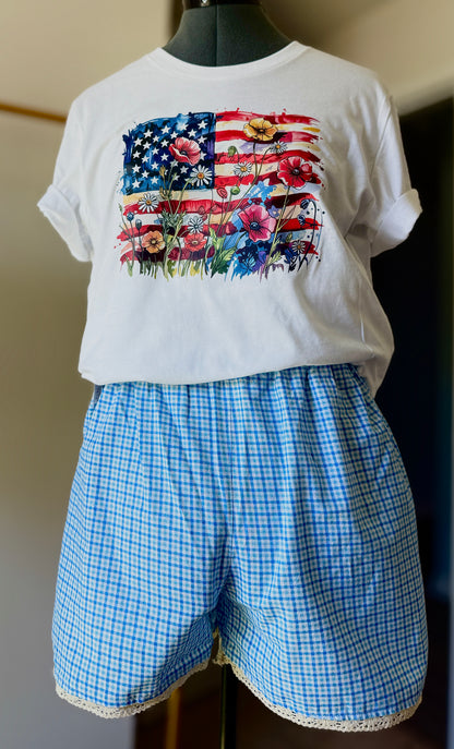 Wildflower Patriot Set | Graphic Tee Set | Woman's Relaxed Set | Gingham Print Shorts