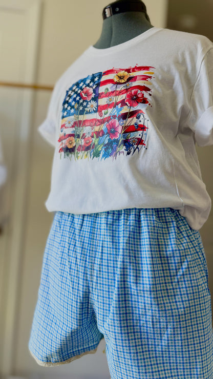 Wildflower Patriot Set | Graphic Tee Set | Woman's Relaxed Set | Gingham Print Shorts