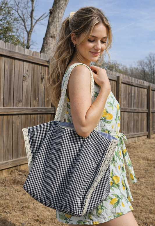 Gingham Lace Market Tote | 100% Cotton Tote Bag